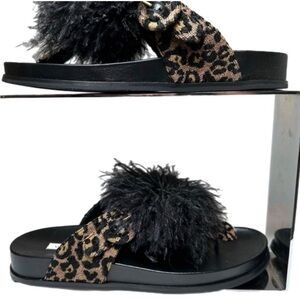 AQUAZURRA Boudoir Feather-Trimmed Thong Sandals Corduroy Black Leopard Print